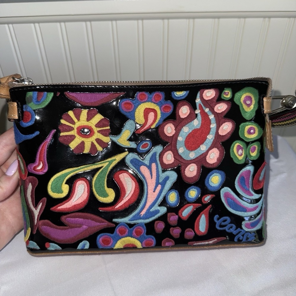 Consuela Sophie Abstract Uptown Crossbody Bag Purse Black Patent Leather